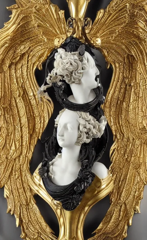 Image similar to carved black marble mechanical bust wearing hard surface armour, subtle gold accents, frontal view, ivory rococo, wings lace wear, hyper detailed, insane details, intricate