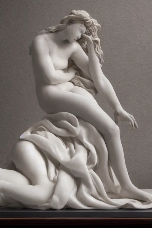 Image similar to Marble Sculpture of Aphrodite lying on a silk cloth, fog, volumetric lighting, inspired by The Birth of Venus by Sandro Botticelli, trending on artstation.