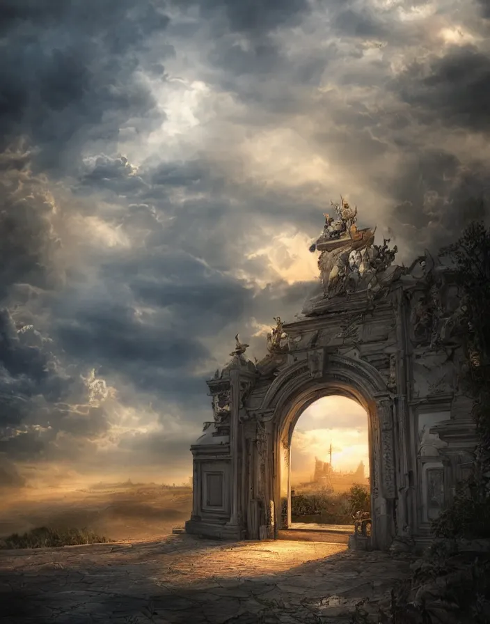 Prompt: Gates of heaven in the clouds by paul chadeison, concept art, ultra realistic, super detailed, photorealistic, cinematographic, epic lighting,