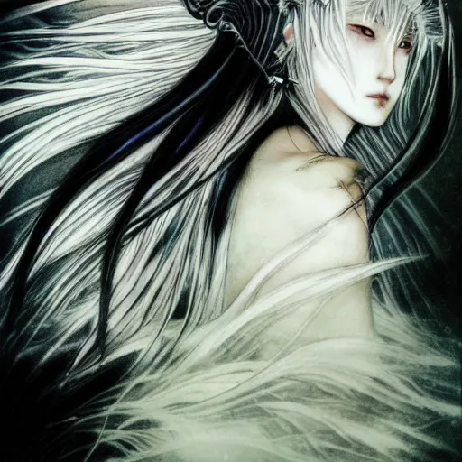 Image similar to yoshitaka amano blurred and dreamy illustration of an anime girl with black eyes, wavy white hair fluttering in the wind wearing elden ring armor and crown with engraving, abstract black and white patterns on the background, noisy film grain effect, highly detailed, renaissance oil painting, weird portrait angle, blurred lost edges, three quarter view