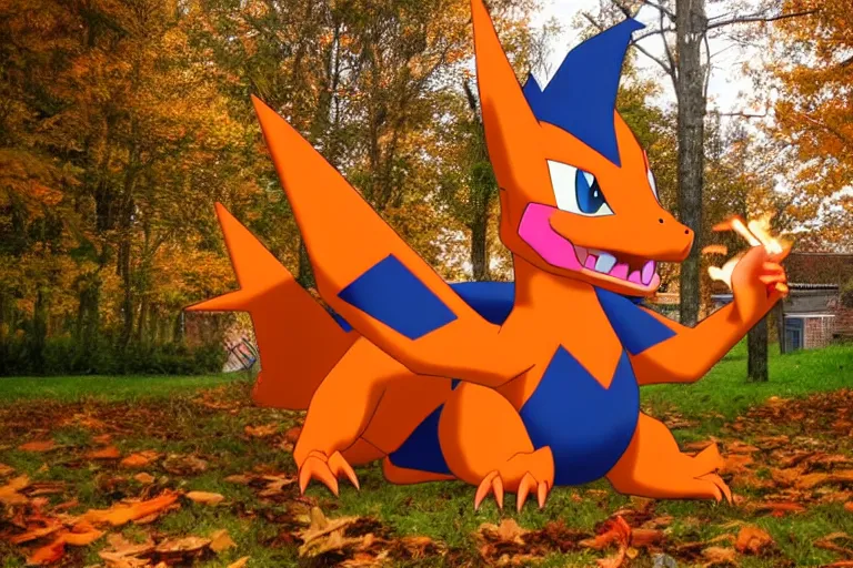 Image similar to real life charizard pokemon, cute!!!, adorable!!!, playful!!!, happy!!!, cheeky!!!, mischievous!!!, ultra realistic!!!, autumn, clear weather, golden hour, sharp focus