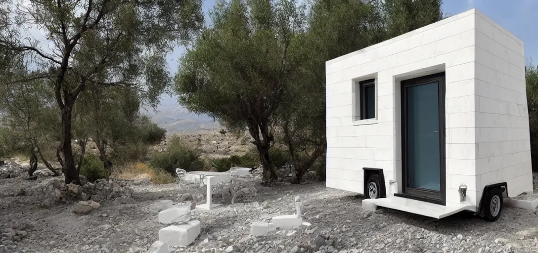 Image similar to greek tiny house on trailer made of marble designed by iktinos and callicrates.