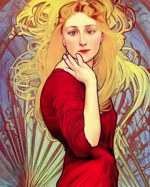 Prompt: A highly realistic painting of a young woman with blonde hair with a dressed in a red dress, sharp face, beautiful, deep colors, high contrast, by Alphonse Mucha, glass panel depicting a flower in the background