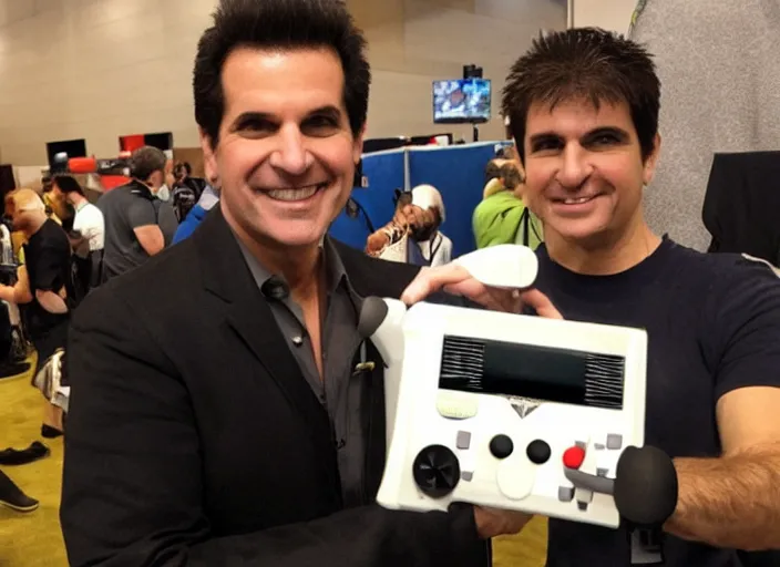 Prompt: tommy tallarico posing with the pope holding an intellivision controller at electronic gaming expo