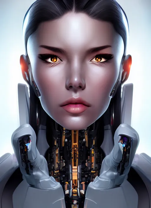 Image similar to portrait of a cyborg woman by Artgerm, (((((face turns left))))) ((((face turns right)))), eyes closed , biomechanical, hyper detailled, trending on artstation