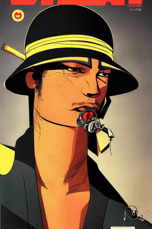 Prompt: 1 9 7 9 omni magazine cover of kianu reeves in a samurai hat. piercing gaze. simple stylized cyberpunk photo by josan gonzalez.