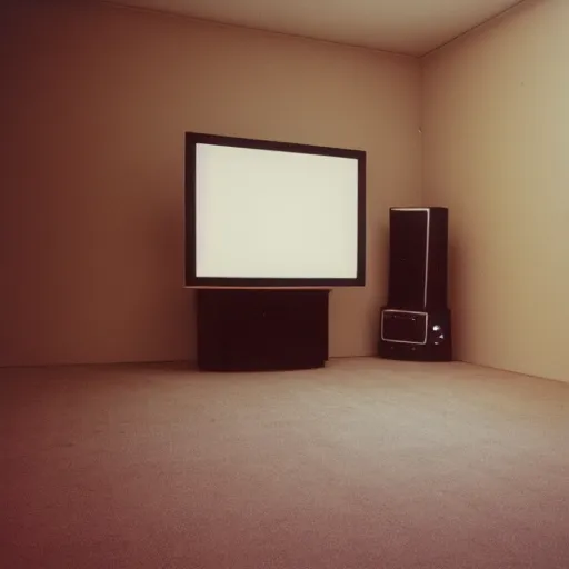 Image similar to Photograph of an empty room with a TV playing static at night, dusty, wood cabinets, taken using a film camera with 35mm expired film, bright camera flash enabled, slightly foggy, award winning photograph, creepy, liminal space