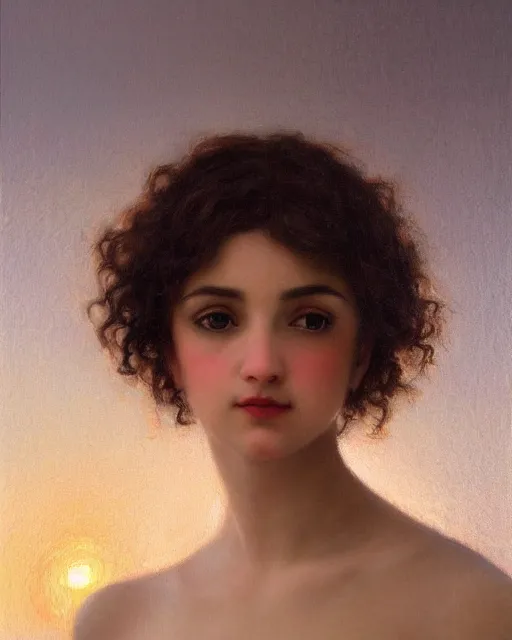 Image similar to beautiful glorious realistic oil painting of a girl, short black curly hair, bokeh, in the style of bouguereau, well framed, sunset, highly detailed and photorealistic, 8 k high detail and intricate