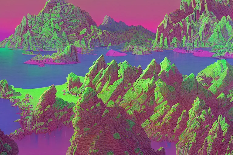 Prompt: beautiful rendered in zbrush ancient painting of a scenic mountain range surrounded by holographic Myrtle squares, retro tech, vaporwave, neon colors, by Jean Giraud and Zdzisław Beksiński and Chesley Bonestell and James Gurney, Mc Escher,