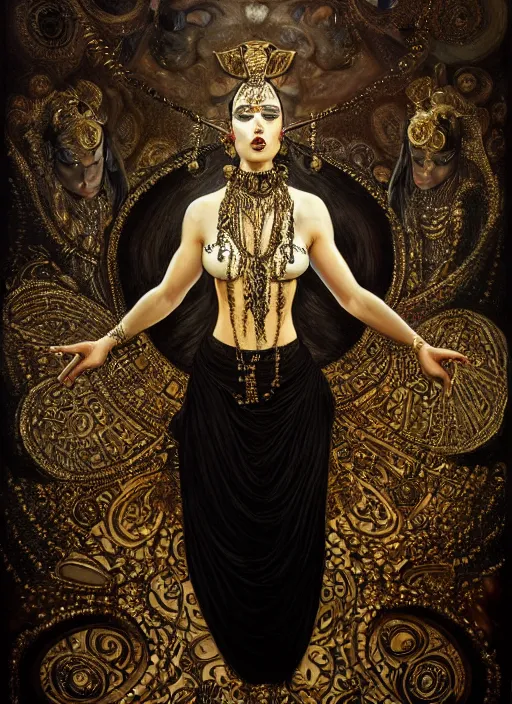 Image similar to highly detailed oil painting | very intricate | cinematic lighting | black, white and gold color scheme, dark background | tribalfusion bellydancer fully dressed by alexander mcqueen | by roberto ferri, by tom bagshaw, by singer sargent and klimt, american romanticism, occult art | by austin osman spare, artstation, cgsociety, official art, octane