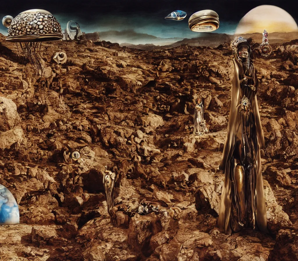 Image similar to portrait of salvador dali wearing a crown and costume with jewels in a dry rocky desert landscape, visible sky and sunny atmosphere, alien spaceship by giger, film still from the movie by alejandro jodorowsky with cinematogrophy of christopher doyle and art direction by hans giger, anamorphic lens, kodakchrome, very detailed photo, 8 k