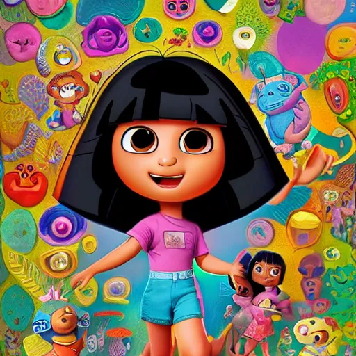 Prompt: dora the explorer as real girl in happy pose, detailed, intricate complex background, Pop Surrealism lowbrow art style, mute colors, soft lighting, by Mark Ryden and Allen Ginsberg, artstation cgsociety