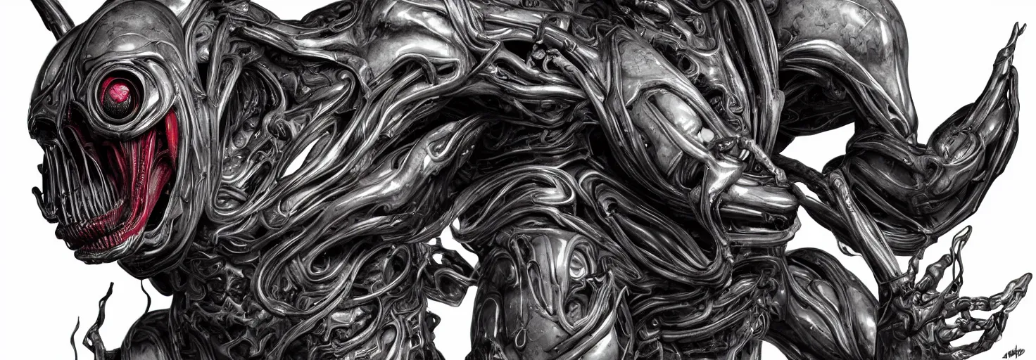 Image similar to engineer alien bood face by Artgerm, xenomorph alien, highly detailed, symmetrical long head, blood color, smooth marble surfaces, detailed ink illustration, raiden metal gear, cinematic smooth stone, deep aesthetic, concept art, post process, 4k, carved marble texture and silk cloth, latex skin, highly ornate intricate details, prometheus, evil, moody lighting, hr geiger, hayao miyazaki, indsutrial Steampunk