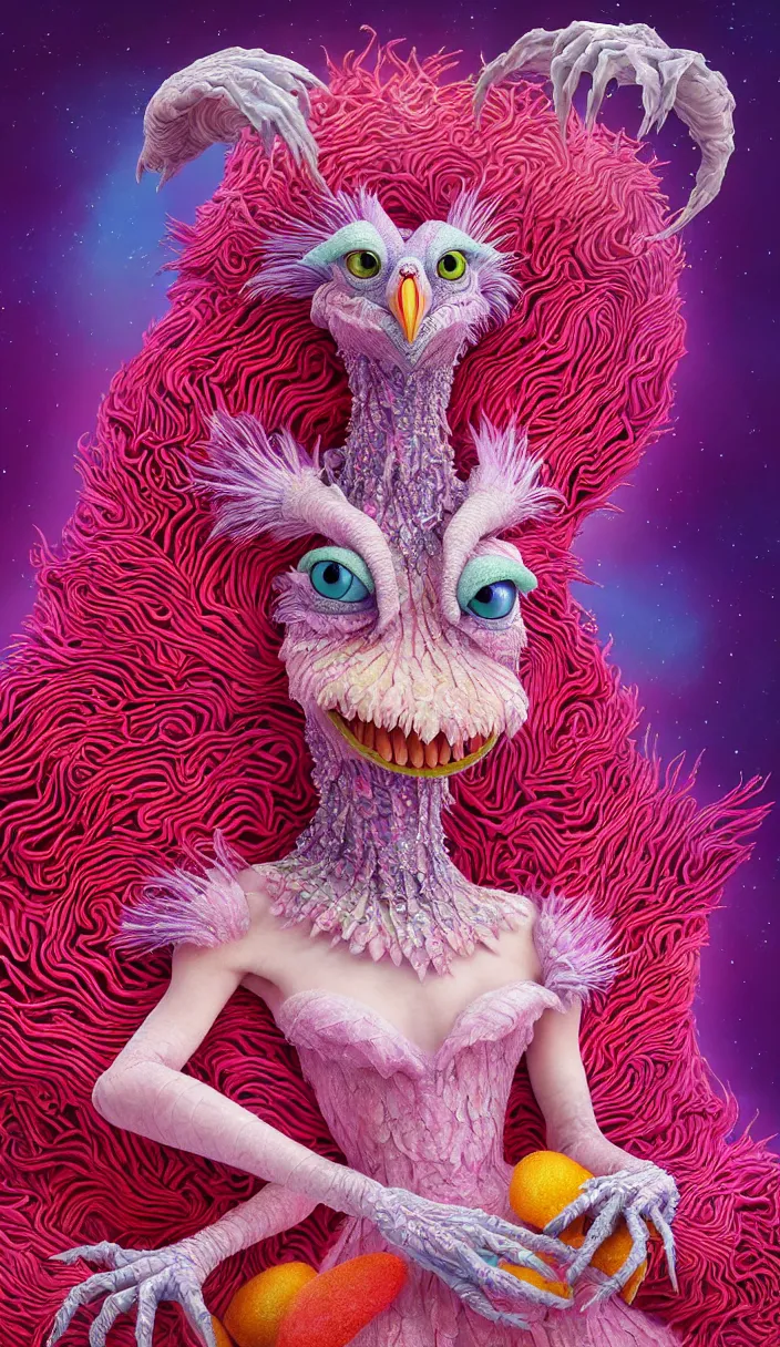 Image similar to hyper detailed 3d render like a Oil painting - kawaii portrait of one Aurora (a beautiful skeksis muppet fae queen from dark crystal that looks like Anya Taylor-Joy) seen red carpet photoshoot in UVIVF posing in scaly dress to Eat of the Strangling network of yellowcake aerochrome and milky Fruit and His delicate Hands hold of gossamer polyp blossoms bring iridescent fungal flowers whose spores black the foolish stars by Jacek Yerka, Ilya Kuvshinov, Mariusz Lewandowski, Houdini algorithmic generative render, Abstract brush strokes, Masterpiece, Edward Hopper and James Gilleard, Zdzislaw Beksinski, Mark Ryden, Wolfgang Lettl, hints of Yayoi Kasuma and Dr. Seuss, octane render, 8k