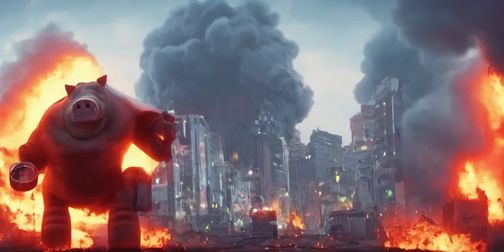 Image similar to movie still of a giant pig robot in the middle of a city on fire