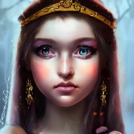 Prompt: ilyana vyulnika as a young princess in the dark, crying eyes, lipgloss, portrait, closeup, cute freckles, gloss effects, and exaggerated proportions, digital art by julia razumova and mel milton, trending on artstation, 4 k high quality