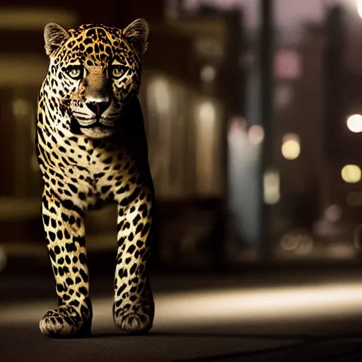 Image similar to empty street, jaguar, portrait, at night, by addy campbell, cinematography by wes anderson