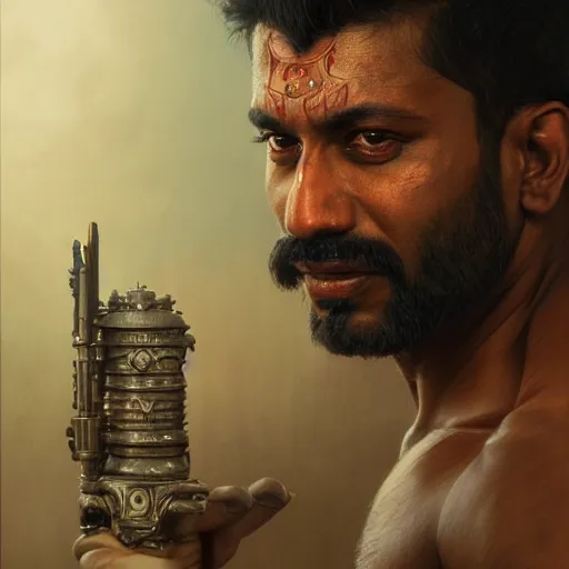 Prompt: portrait painting of a muscular bloodied indian man, ultra realistic, concept art, intricate details, eerie, highly detailed, photorealistic, octane render, 8 k, unreal engine. art by artgerm and greg rutkowski and alphonse mucha