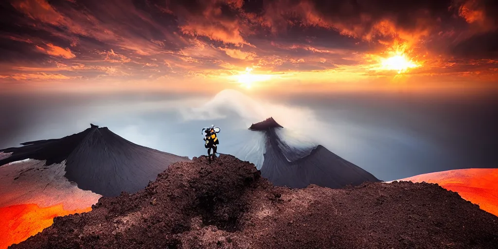 Image similar to amazing landscape photo of a scuba diver!!! standing on the volcano crater at sunrise by Charlie Waite and Marc Adamus beautiful dramatic lighting, surrealism