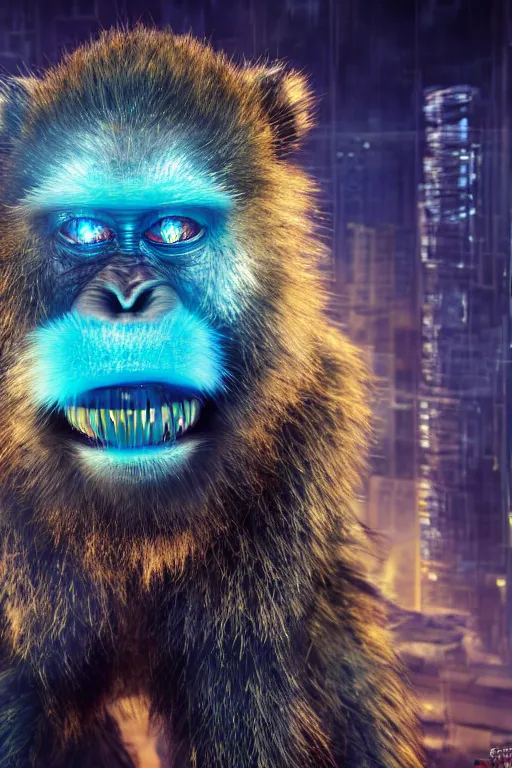 Image similar to Photography of ultra mega super hyper realistic detailed monkey in cyberpunk suit with many details by Hiromasa Ogura . Photo shot from 30m distance on ultra mega super hyper Leica Q2 Camera, Rendered in VRAY and DaVinci Resolve and MAXWELL and LUMION 3D, Volumetric cyan gold natural light