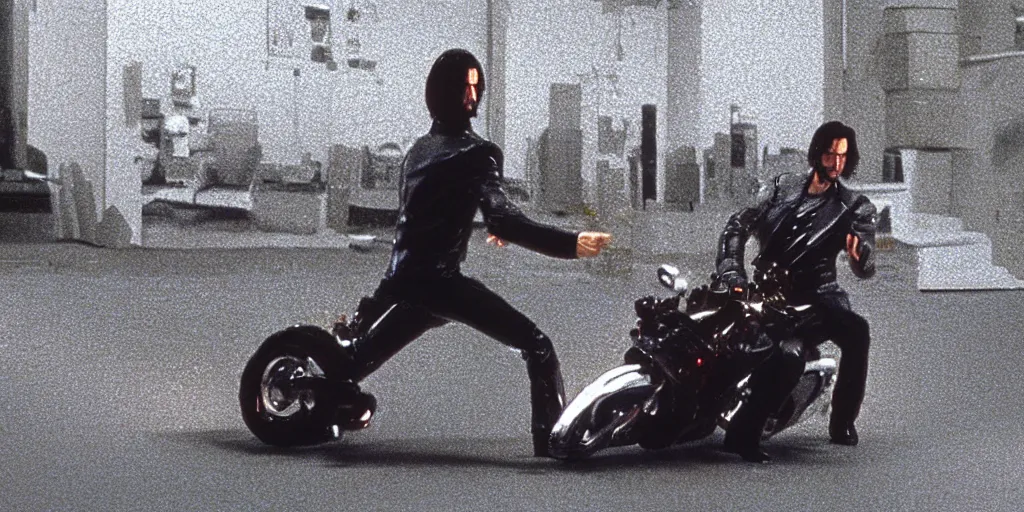 Prompt: beautiful hyperrealism three point perspective film still of Keanu Reeves as neo in bullet time aiming at agent smith in a nice oceanfront promenade motorcycle chase scene in Matrix meets kagemusha(1990) extreme closeup portrait in style of 1990s frontiers in translucent porcelain miniature street photography seinen manga fashion edition,, tilt shift style scene background, soft lighting, Kodak Portra 400, cinematic style, telephoto by Emmanuel Lubezki
