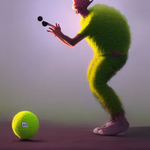 Image similar to highly detailed vfx portrait of a character of a tennis ball monster stephen bliss, chalk, unrealengine, greg rutkowski, loish, rhads, beeple, chalk, makoto shinkai and lois van baarle, ilya kuvshinov, rossdraws, tom bagshaw, basil gogos