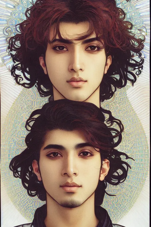 Image similar to beautiful medium shot portrait of a young arabic man inspired by ayami kojima with short hair dressed with a white t - shirt looking into the camera from three - quarters, white background white bank studio light, art by yoshitaka amano, alfons mucha and shingo tamagawa, 8 k