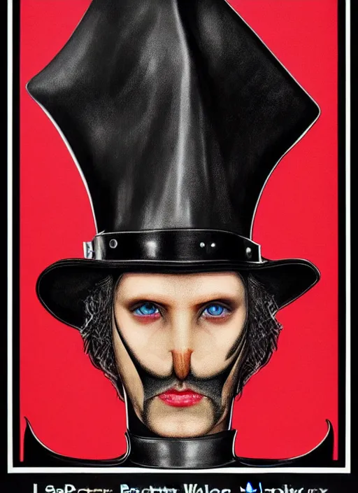 Image similar to perfectly centred realistic picture of a character dressed in leather tight suit and witch hat, dark,!! poster by waldemar swierzy, wiktor gorka, leszek zebrowski