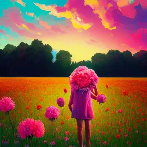 Image similar to girl with a giant carnation head, surreal photography, flower field, sunset dramatic light, impressionist painting, colorful clouds, blue sky, digital painting, artstation, simon stalenhag