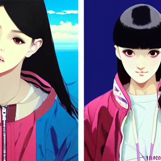 Image similar to a beautiful plus sized model japanese natalie portman, alluring, wearing oversized mayan bomber jacket and leotard with overalls, bulky poofy bomber jacket with mayan patterns, aztec street fashion, gapmoe yandere grimdark, trending on pixiv fanbox, painted by greg rutkowski makoto shinkai takashi takeuchi studio ghibli, akihiko yoshida