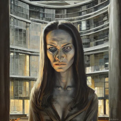 Image similar to detailed face of a woman with obsidian eyes in a architectonic courtyard with dna sculptures at a science expo, atmospheric, ambient, pj crook, syd mead, livia prima, artgerm, greg rutkowski, nick alm, casey baugh