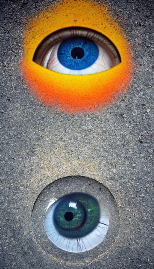 Prompt: photo of a giant eye open on an asphalt road, realistic photo, shot with a gopro, looming, colorful, eerie