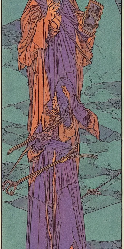 Image similar to the tarot card of the magician painted by moebius.