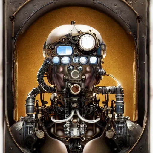 Prompt: a beautiful intricate fine art portrait photo of a a mechanical industrial steampunk cybernetic Bill Burr, by tom bagshaw and zach sutton, perfection!, milk bath photography, studio lighting, 35mm lens, very detailed, bionic, cybernetic scifi, deep depth of field, artstation, 8K, highly coherent