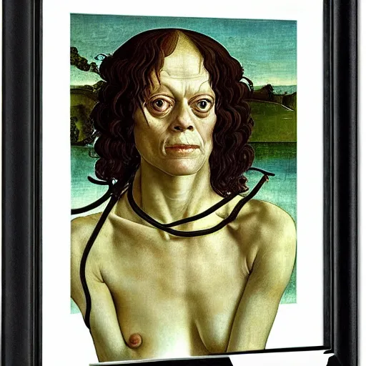 Image similar to sigourney weaver as gollum, elegant portrait by sandro botticelli, detailed, symmetrical, intricate