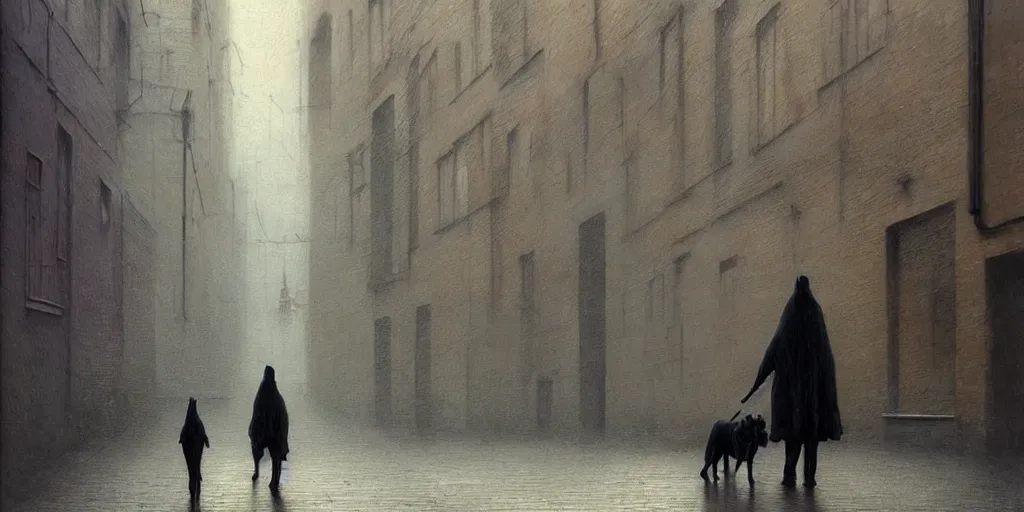 Image similar to painting of a dog and it's lifeless owner wandering the streets of london, by zdzislaw beksinski, by dariusz zawadzki, by wayne barlowe, gothic, surrealism, cold hue's, warm tone gradient background, concept art, focused scene, medium shot, beautiful composition