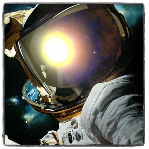 Image similar to “astronaut on board international space station wearing black space suit and gold helmet, highly detailed, realistic, portrait, no flag patch, symmetrical, photorealistic, proportional, beauty, fish eye lens, nasa, spacex, galaxies, in the style of Edward hooper oil painting sun rising”
