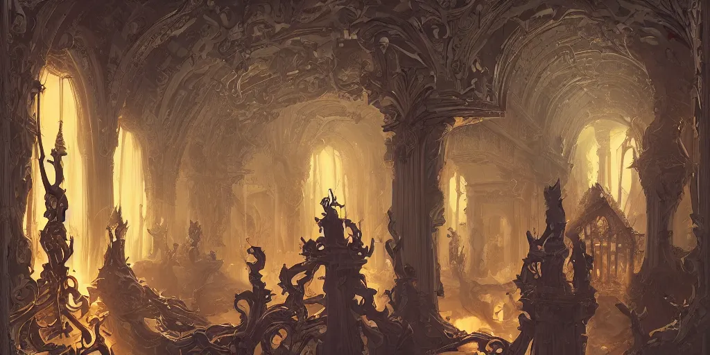 Prompt: the ornate entrance hall to a huge haunted mansion full of angels and demons fighting over powerful relics in the style of Sylvain Sarrailh, beautiful digital art, cinematic composition, detailed, concept art, Matt painting, oil painting, high res