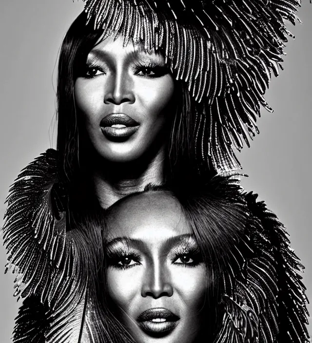 Image similar to photography face profil portrait of naomi campbell, natural pose, natural lighing, rim lighting, no flash, wearing a ornate transparent and metallic costume with feathers and cloth convolutions by iris van herpen, highly detailed, smooth, sharp foccus, kin grain detail, high detail, photography by by paolo roversi, creativity in fashion design