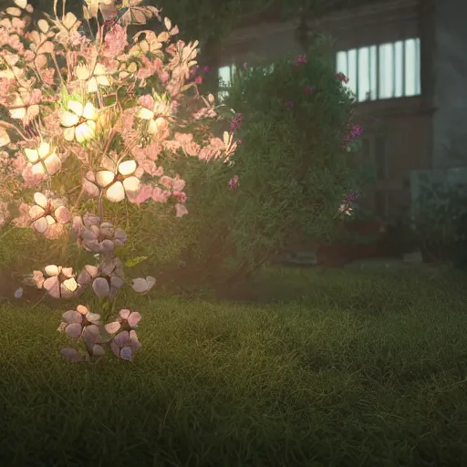 Prompt: Luminescent flower blooming at twilight, cgsociety, realism, photorealism, f 3.5, photography, octane render, highly detailed, vray, volumetric lighting, unreal engine