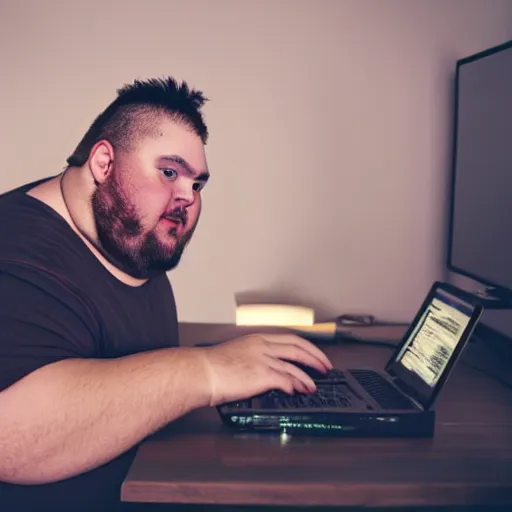 Image similar to a fat man working on his computer at nighttime in his room, dirty clothes, beard, short hair, white tank top, glowing, photography, realistic, detailed, cinematic, cinematography,