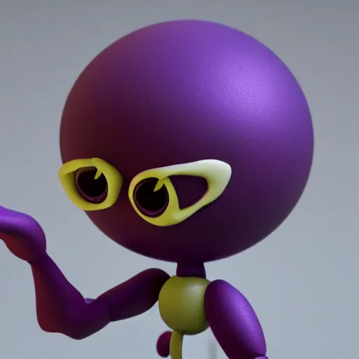 Image similar to photo of a comically tiny clay model of character with large spherical purple head and large childlike eyes with comically tiny body and spindly limbs leans close to the camera, fish eye lens, 4 k, hyper realistic, hyper detailed face, octane render, comedic, cute