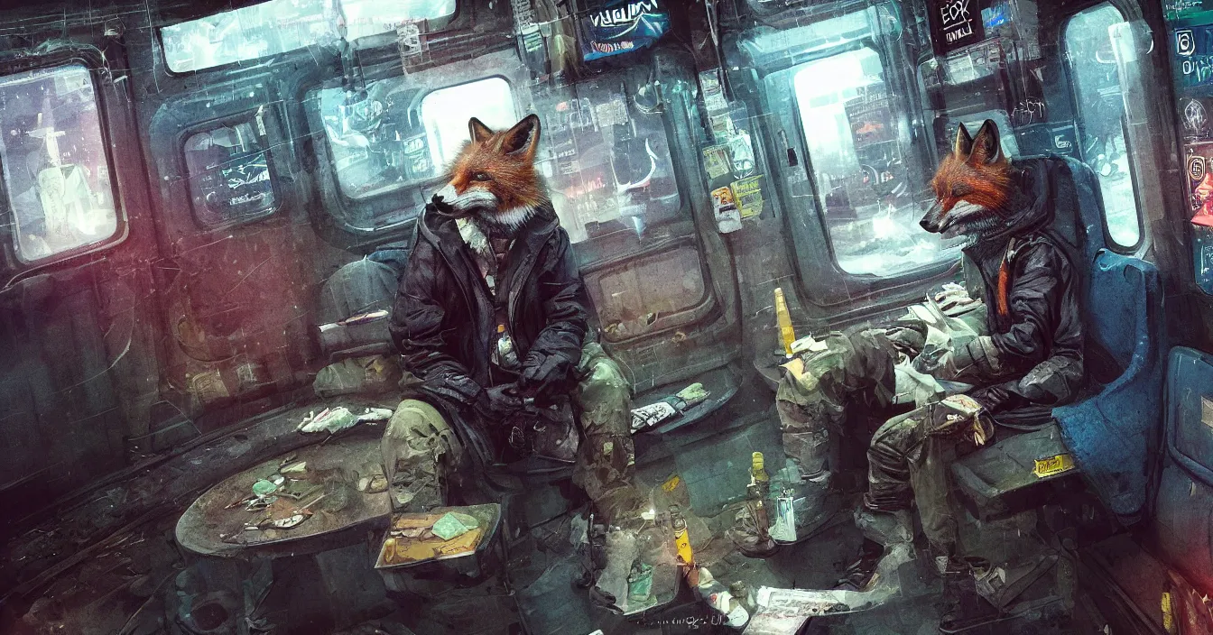 Image similar to Imagination of intelectual homeless fox with hood over head and old coat, sits on a dirty cold seat in a old cyberpunk subway car, cyberpunk 2077, amazing digital art