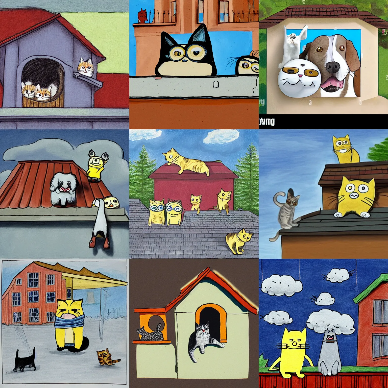 Prompt: cat and dog and minion on the roof on panel house in russia, dog drawing