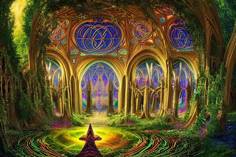 Prompt: a beautiful and highly detailed digital painting of an elven cathedral in a beautiful garden in a mystical forest, psychedelic colors, celtic, intricate psychedelic patterns, intricate details, epic scale, insanely complex, cgsociety, 8 k, sharp focus, hyperrealism, by alex grey, caspar friedrich, albert bierstadt, james gurney, brian froud,