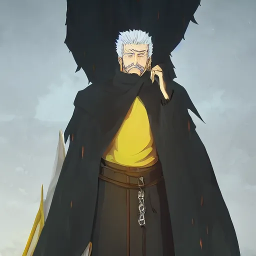 Image similar to a man with spiky white hair and yellow eyes, wearing a black cultist robe, medieval background, highly detailed, digital painting, artstation, matte, by makoto shinkai, animation style, studio ghibli, anime key visual