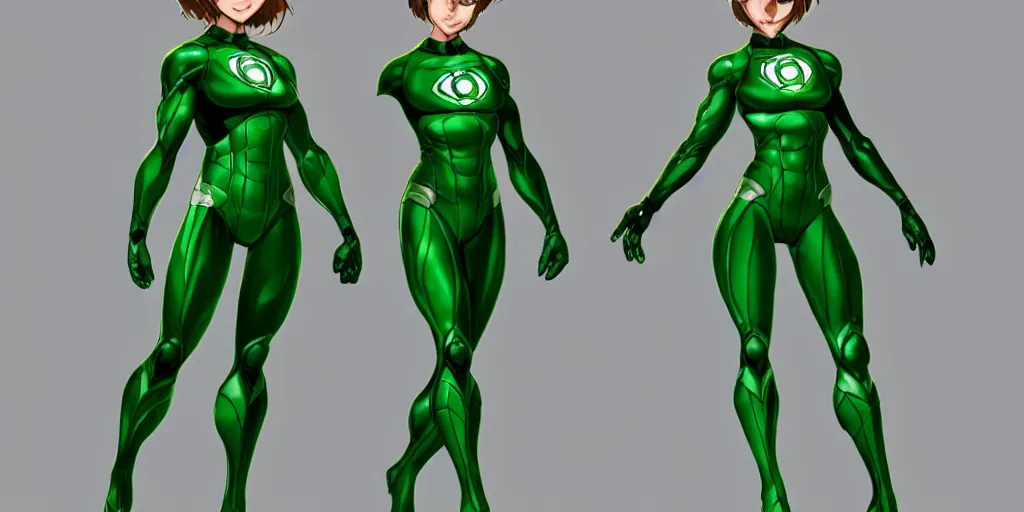 Image similar to full body exaggerated outfit, female green lantern character clean concepts by senior concept artist in the anime film, suit, powers, glowing, stronge, smooth, high detail, featured on artstation