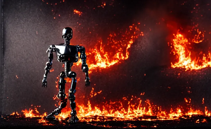 Prompt: high detaile terminator without flesh, staying in front of burning data center room, fire on the background, extreme long shot, 1 6 mm, high detail, cinematic colors, sharp