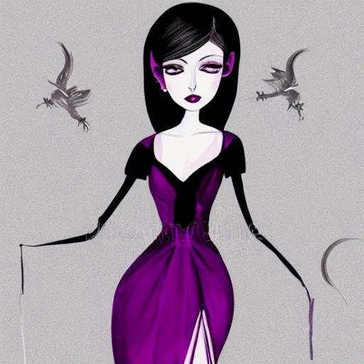 Image similar to beautiful delicate pale thin goth woman with black hair, wearing long black and purple dress, highly detailed, illustration