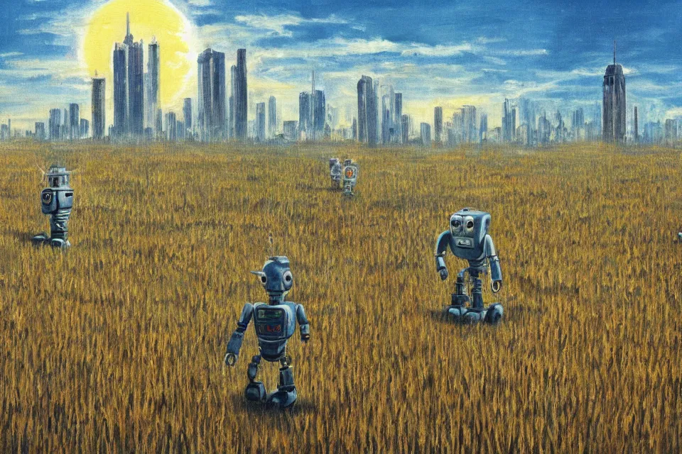 Prompt: sci-fi painting of many skyscraper on the small wheat fields, only one robot kid on the ground, by studio Ghibli, godrays, detailed